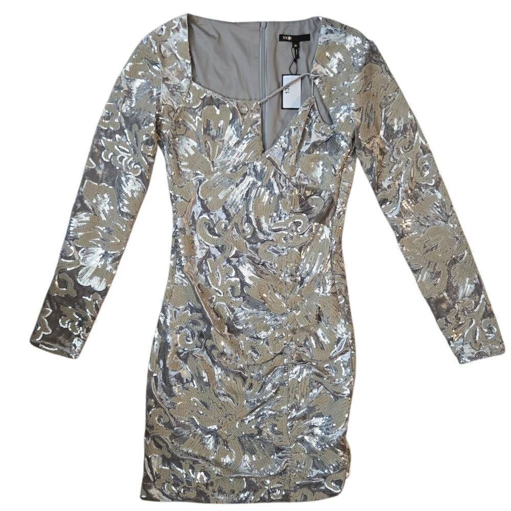 Maje Raneli Sequined Velvet Long Sleeve Mini Dress Argent Small